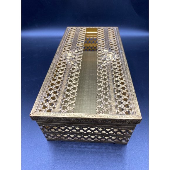 Vintage Gold Filigree Rose Tissue Box Cover Silver MCM Hollywood Regency - Picture 10 of 14